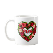 "Mom" Heart-Shaped Wreath of Flowers Mug