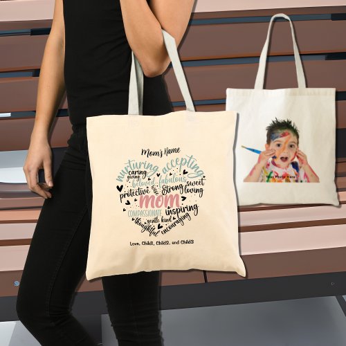 Mom Heart Word Nurturing Caring Customizable Photo Tote Bag