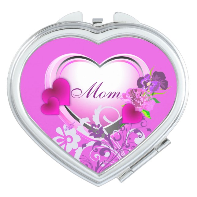 Mom Hearts & Flowers Pink Compact Mirror (Front)
