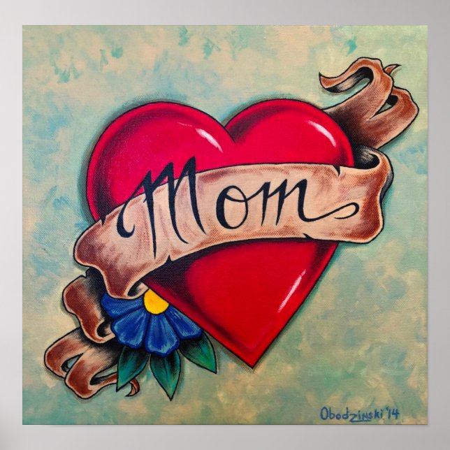 “Mom” Hearts Tattoo Style Art Poster Print (Front)