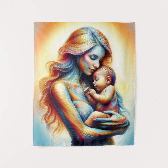 Mom holding baby luminous tender embrace art tapestry (Front)