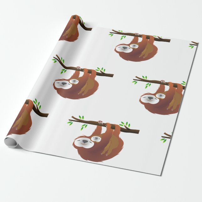Mom Holding Baby Sloth Resting on a Tree Branch Wrapping Paper (Unrolled)