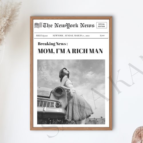 Mom I Am A Rich Man Newspaper Headline Vintage Framed Art