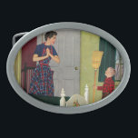 Mom, I Cleaned My Room! Belt Buckle<br><div class="desc">Artist: Richard Sargent | Boy cleaned his room; mess under bed</div>