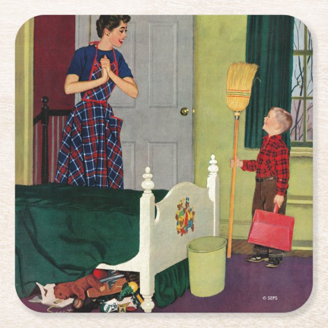 Mom, I Cleaned My Room! Square Paper Coaster (Front)
