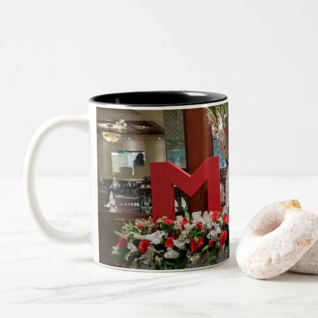 "Mom, I Love You" – A Heartfelt Floral Tribute Two-Tone Coffee Mug (With Donut)