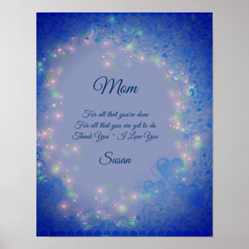 Mom I Love You Blue Hearts Personalized Poster