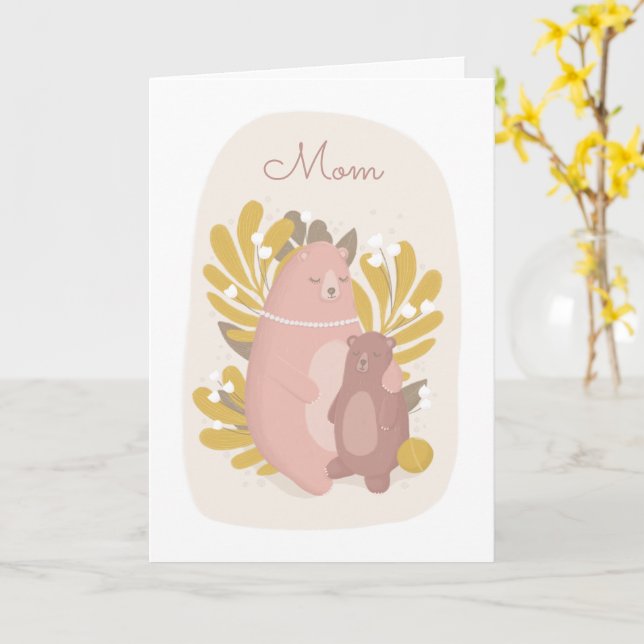 Mom I love you. Cute bears animal. Mothers day Card (Yellow Flower)