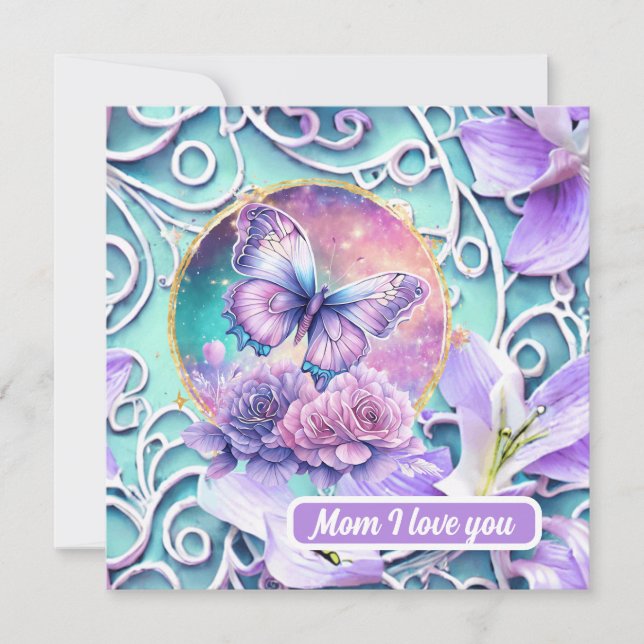 Mom I Love You Fantasy Purple Butterfly Universe   Holiday Card (Front)