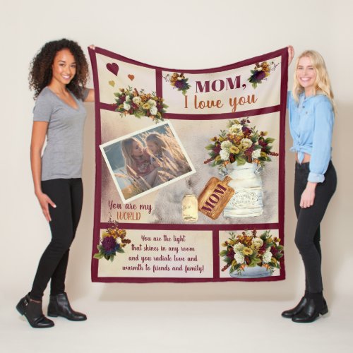 Mom I Love You Photo Fall Floral  Script Text Fleece Blanket