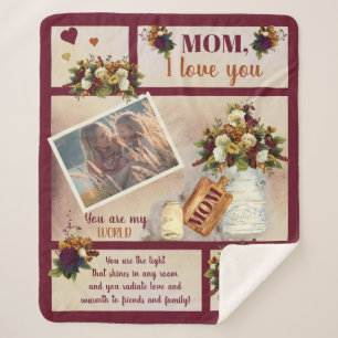 Mom I Love You Photo Fall Floral Script Text Sherpa Blanket