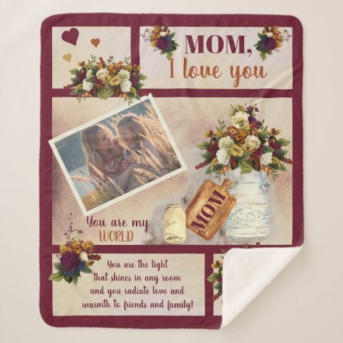 Mom I Love You Photo Fall Floral  Script Text Sherpa Blanket
