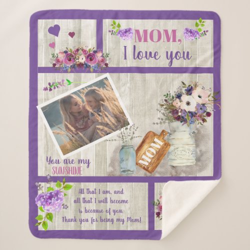 Mom I Love You Photo Floral  Wood Script Text Sherpa Blanket