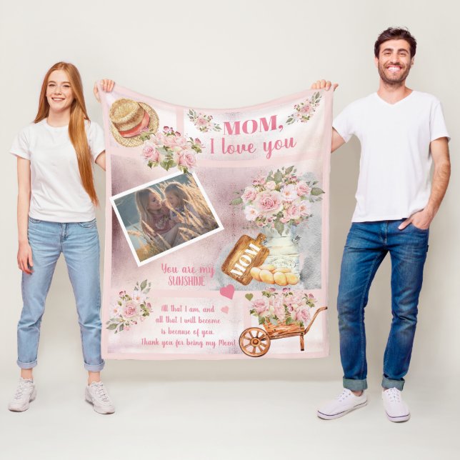 Mom I Love You Photo Pink Floral | Script Text Fleece Blanket (In Situ)