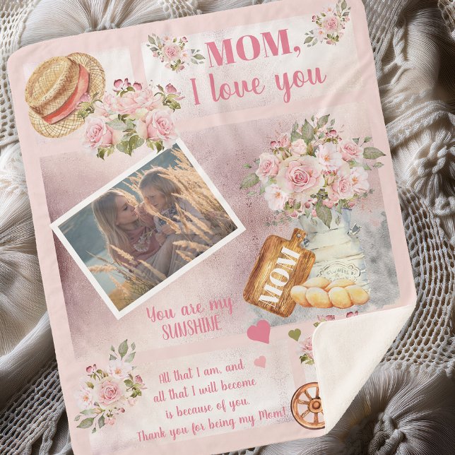 Mom I Love You Photo Pink Floral | Script Text Sherpa Blanket (Soft and Beautiful "Mom, I Love You" Photo Pink Floral Script Text Sherpa Blanket)