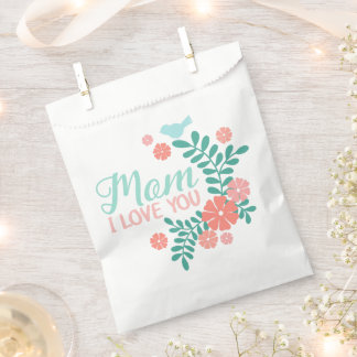 Mom I love you text in cute floral bird design Favor Bag