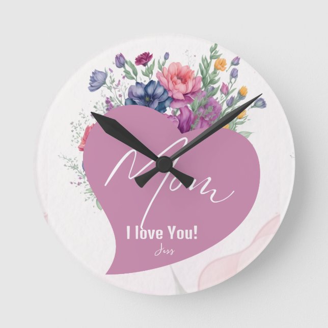 Mom I Love You Wildflowers Heart Mothers Day Round Clock (Front)