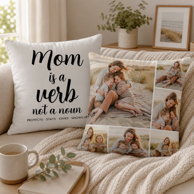 Mom Is a Verb Black Script Six Photo Collage Throw Pillow (Creator Uploaded)
