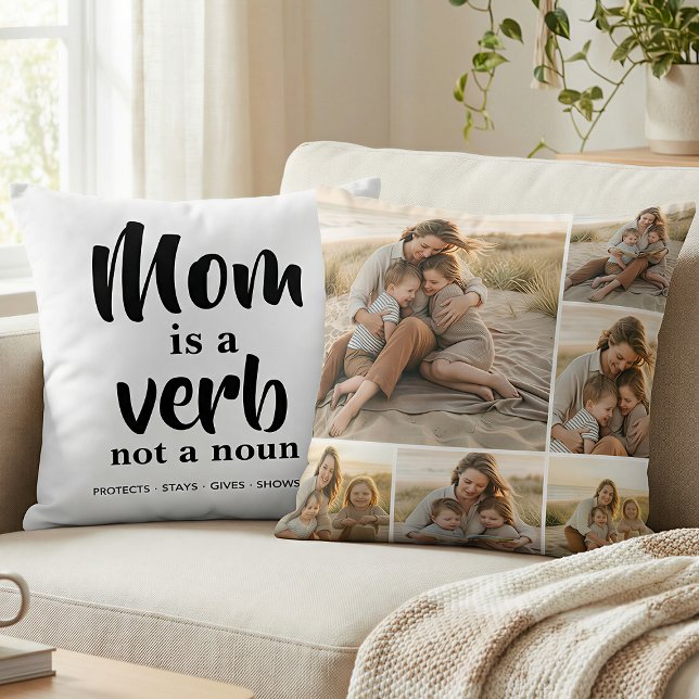 Mom Is a Verb Family Photo Collage Mother Keepsake Throw Pillow (Creator Uploaded)