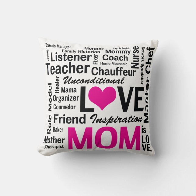 Mom is Love Pink and Black Mother's Day Throw Pillow (Front)
