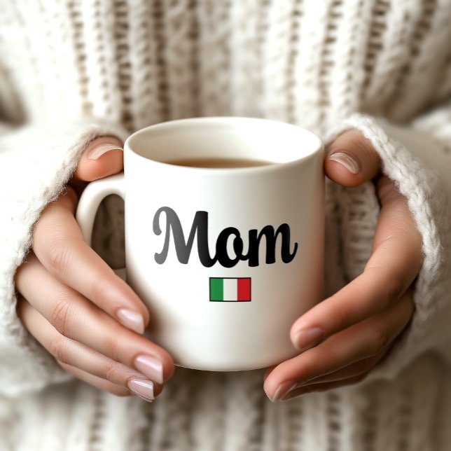 Mom Italian Flag Mug (Woman's hands holding white Mom mug with Italian flag. Great gift for mom-to-be Baby Showers)