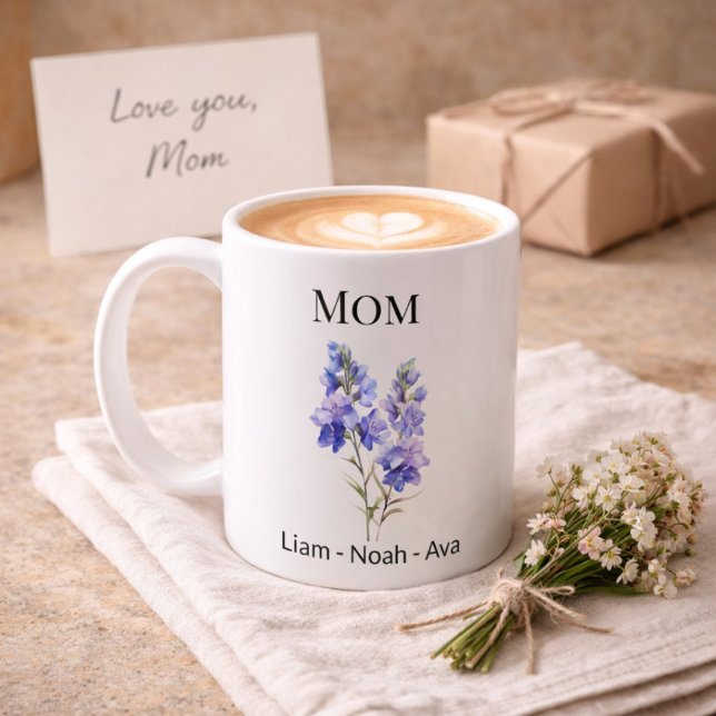 Mom July Birth Flower with Kids Names Coffee Mug (Creator Uploaded)