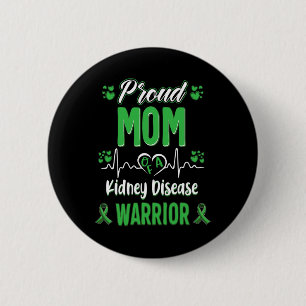 Mom Kidney Disease Warrior Awareness Ribbon Green Button