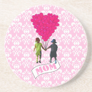 Mom, kids with heart shaped balloons coaster