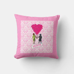 Mom, kids with heart shaped balloons throw pillow