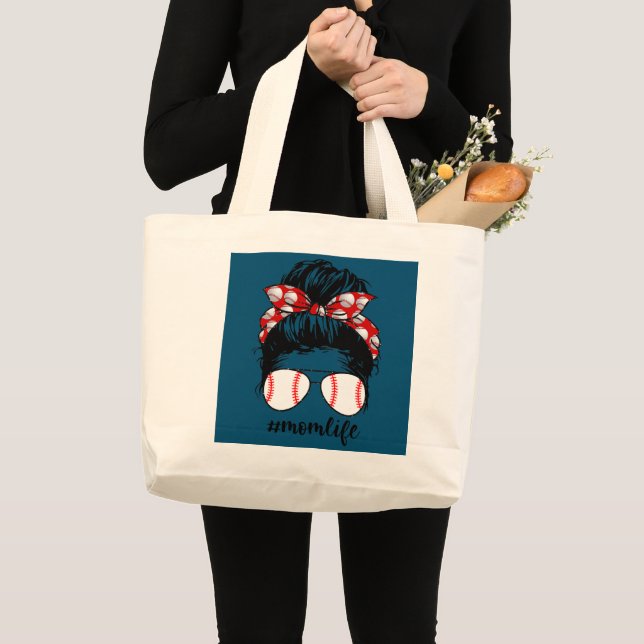 Mom Life Baseball Life Messy Bun Momlife Funny Large Tote Bag (Front (Product))