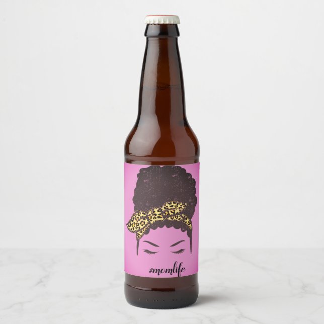 Mom Life, Black Afro Messy Bun, African American Beer Bottle Label (Front)