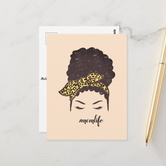 Mom Life, Black Afro Messy Bun, African American Postcard (Front/Back In Situ)