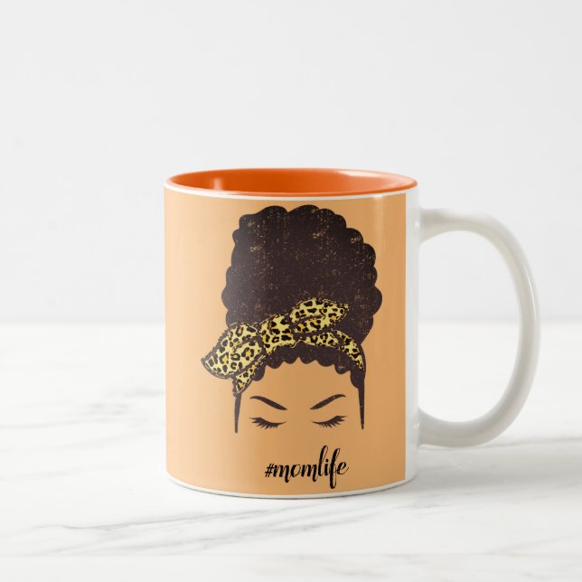 Mom Life, Black Afro Messy Bun, African American Two-Tone Coffee Mug (Right)