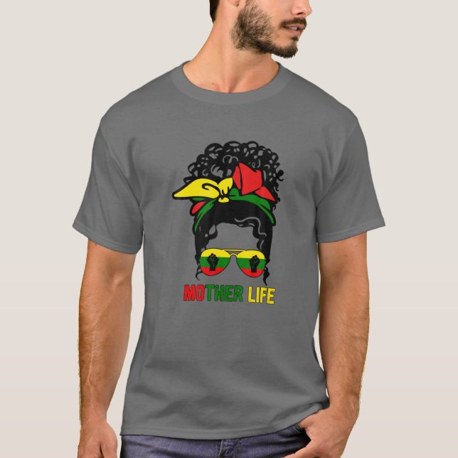 Mom Life Black Women Messy Bun Junenth Black Mothe T-Shirt (Front)
