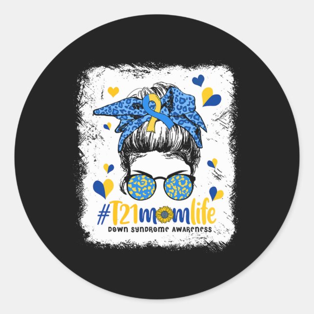 Mom Life Messy Bun Down Syndrome Awareness  Classic Round Sticker (Front)