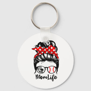 Mom Life Messy Bun Hair Funny Baseball Hockey Mom  Keychain