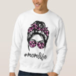 Mom Life Messy Hair Bun pink Leopard Print Women M Sweatshirt
