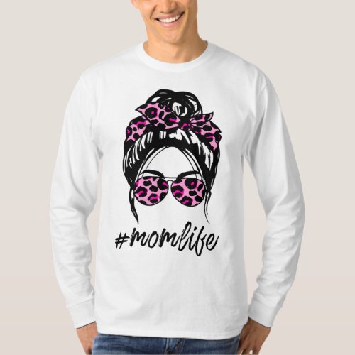 Mom Life Messy Hair Bun pink Leopard Print Women M T_Shirt