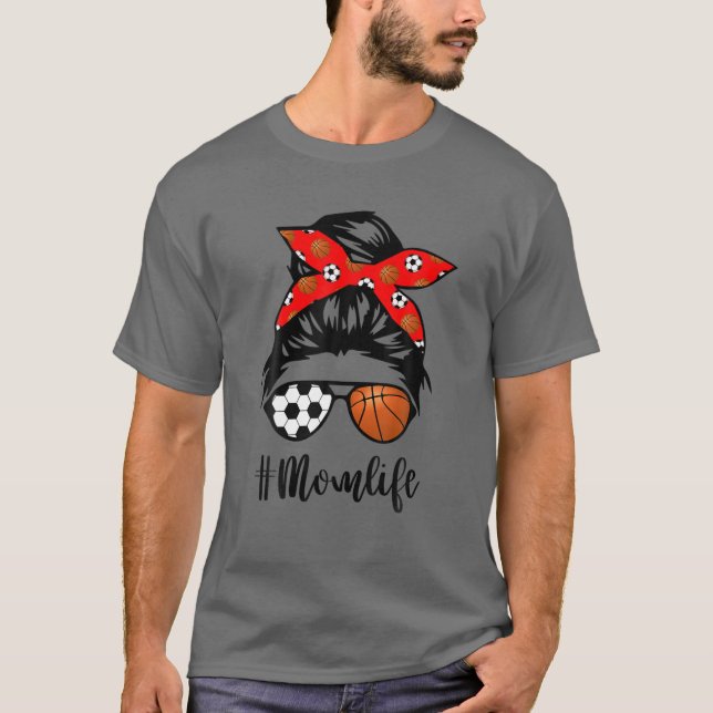 Mom Life Soccer Skull Messy Bun Basketball Bandana T-Shirt (Front)