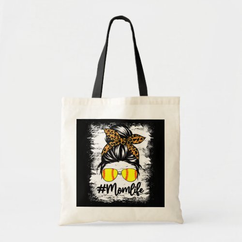 Mom Life Softball Baseball Leopard Messy Bun Tote Bag