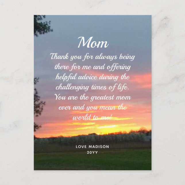 Mom Love Letter Beautiful Sunset Mothers Day Postcard (Front)