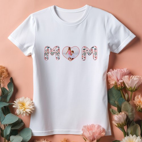 Mom Love Pink  Floral Pattern Custom Heart Photo T_Shirt