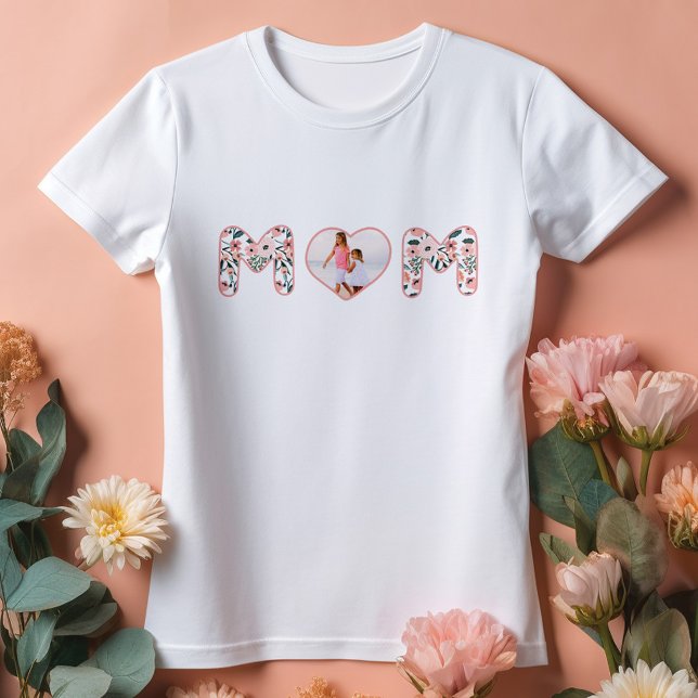 Mom Love Pink & Floral Pattern Custom Heart Photo T-Shirt (Mom Love Pink & Floral Pattern Custom Heart Photo T-Shirt)