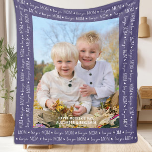 MOM Love You Personalized Modern Purple Photo Fleece Blanket