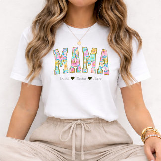 Mom Mama Floral  With Kids Names Mother's Day T-Shirt