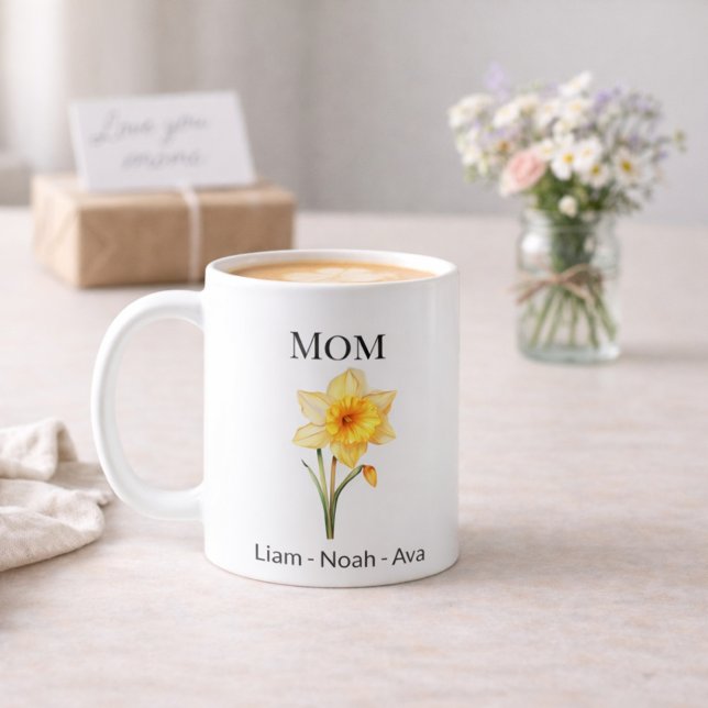 Mom March Birth Flower with Kids Names Coffee Mug (Creator Uploaded)