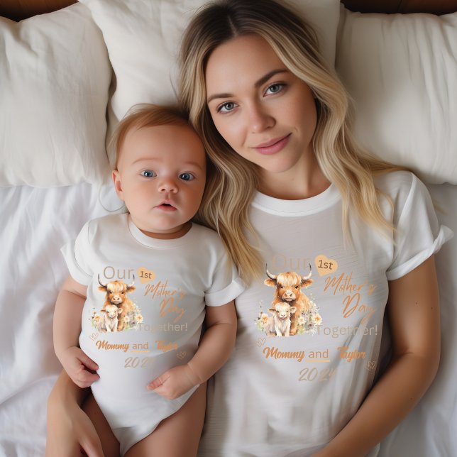 Mom Matching Highland OurFirstMother'sDay Together T-Shirt (Mom Matching. Highland Cow and baby. Our FIrst Mother's Day Together!)