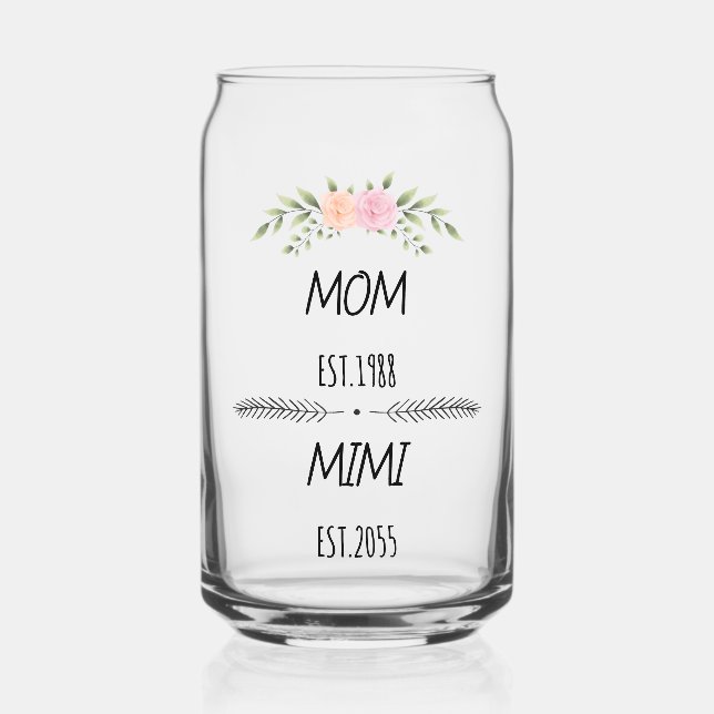 Mom & Mimi Custom Floral Family Establishe Year Can Glass (Front)