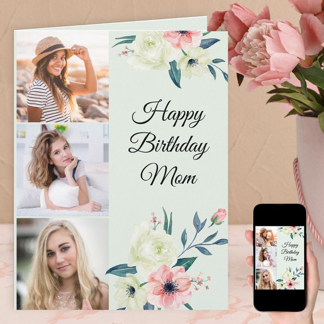 Mom Mint and Pink Feminine Floral 3 Photo Birthday Card (Creator Uploaded)