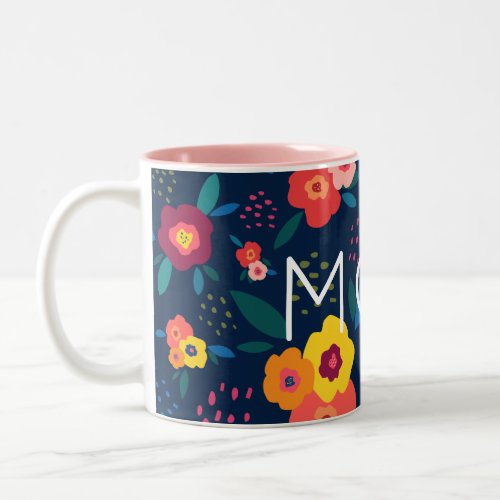 Mom Modern Floral in Blue and Coral Two_Tone Coffee Mug